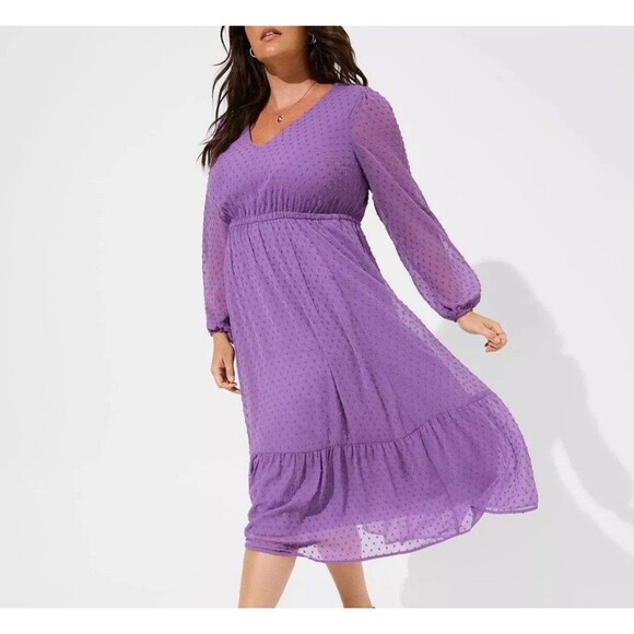 Torrid Purple Clip Dot Midi Dress Size 4X Long Sleeve Tie Back Elastic Waist - Picture 2 of 13